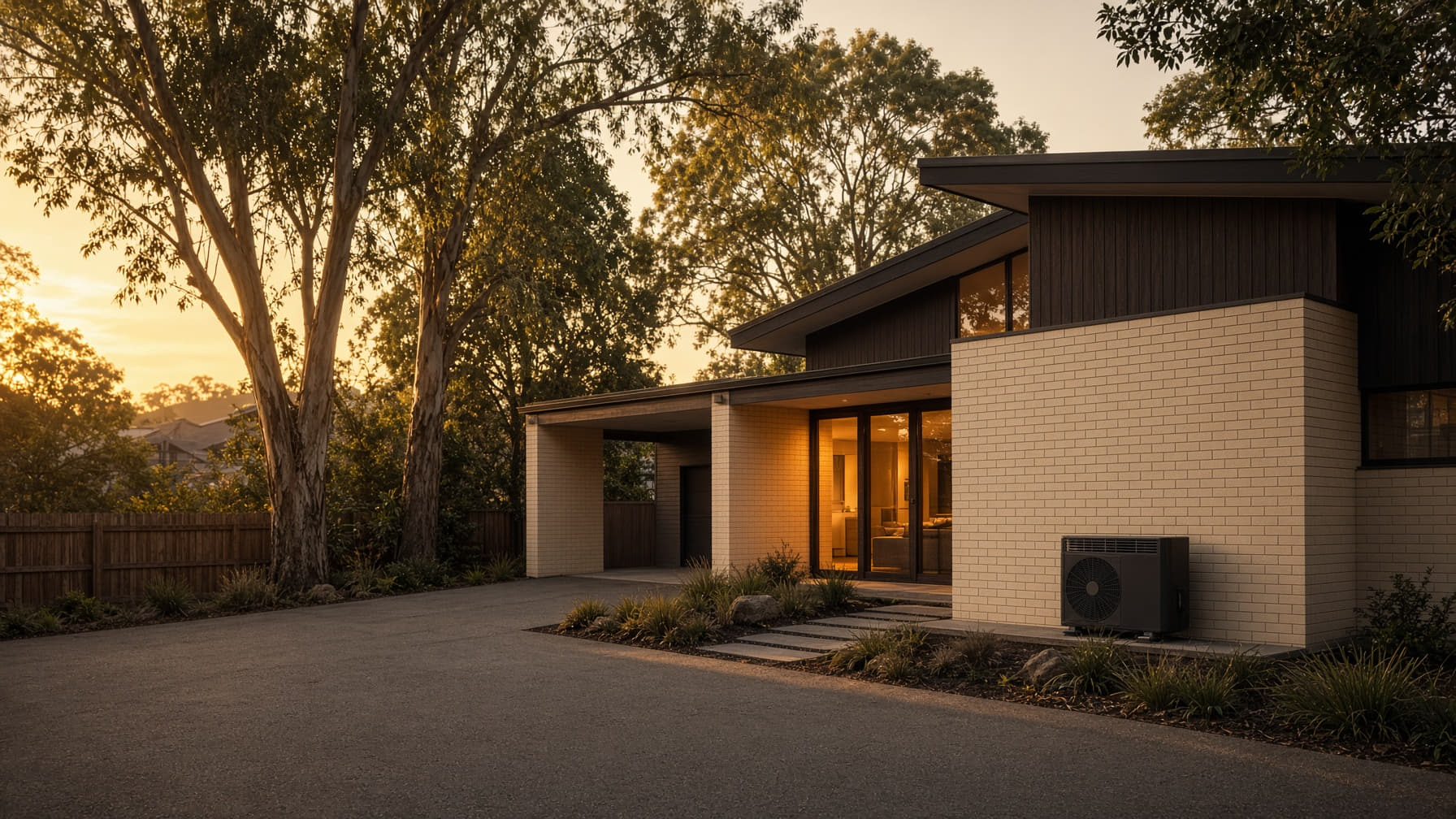 Australian suburban home at dusk with a discreet outdoor air conditioner