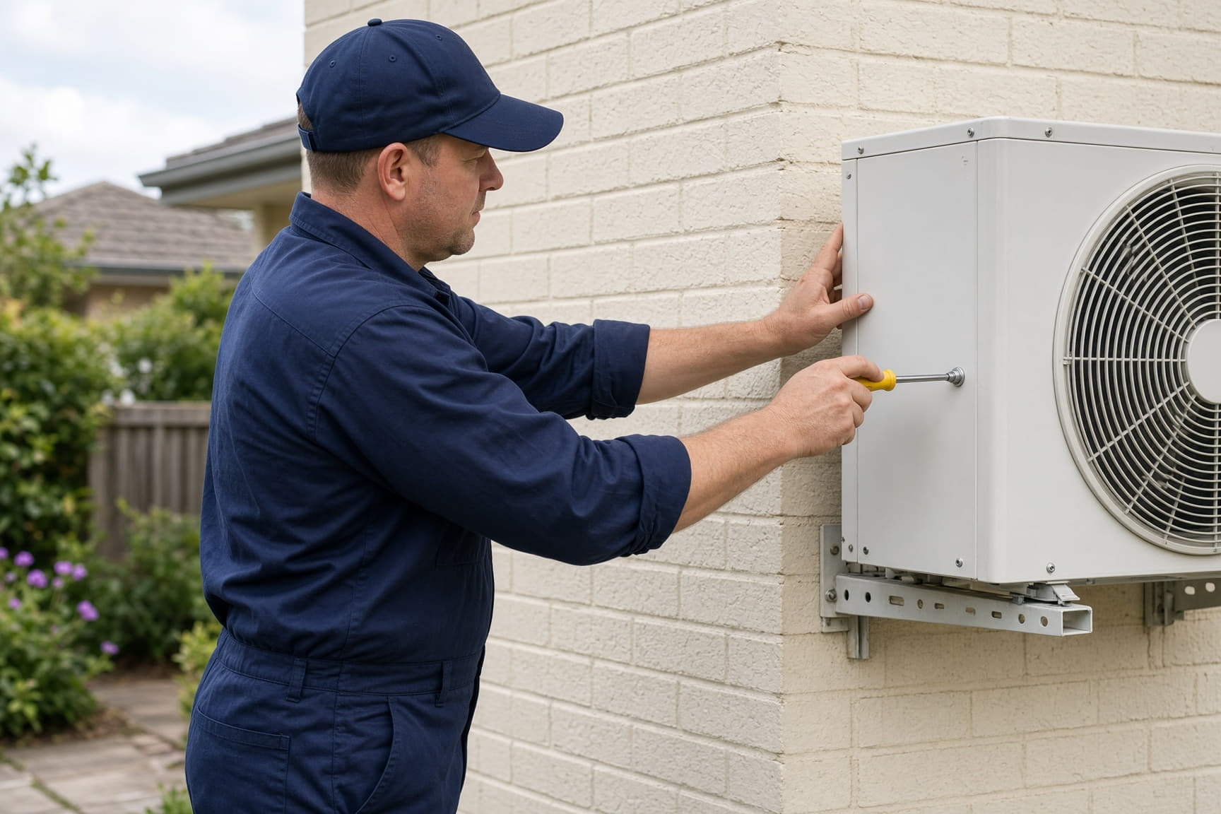 A licensed installer fitting an outdoor unit